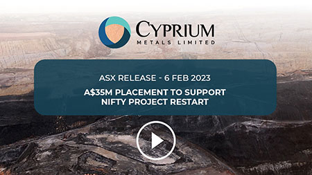 ASX Announcement – A$35M Placement to Support Nifty Project Restart